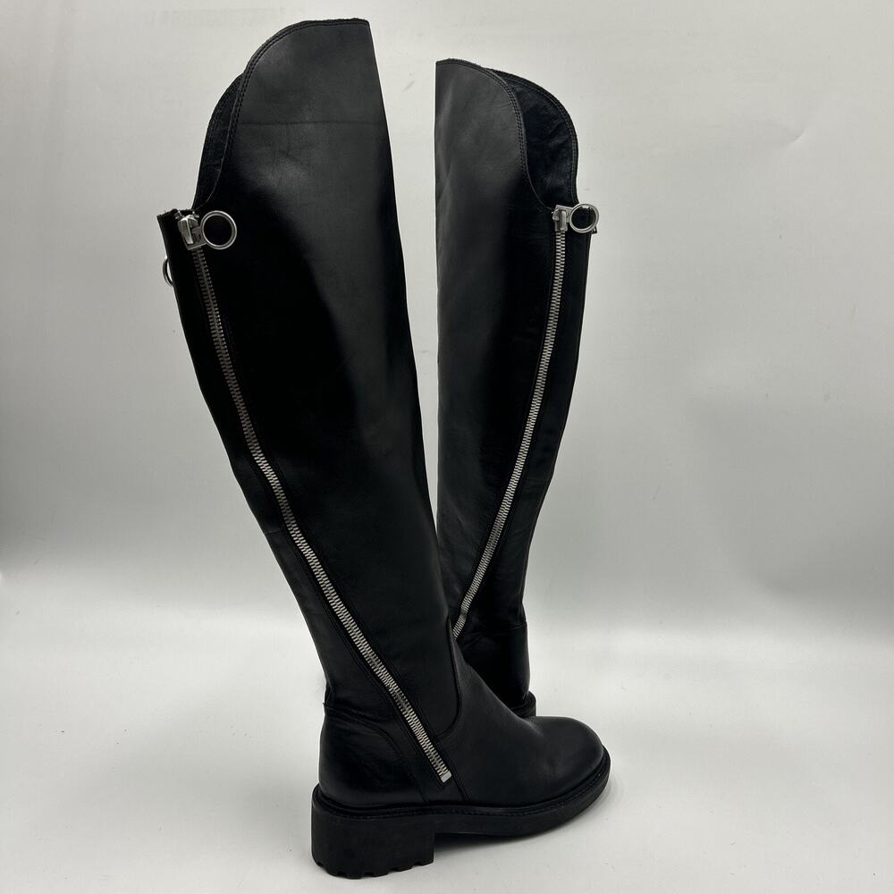 Ash SEVEN Black Leather Over the Knee Boots, Double Zippers Lug Soles, 38/7.5-8M - Picture 6 of 14